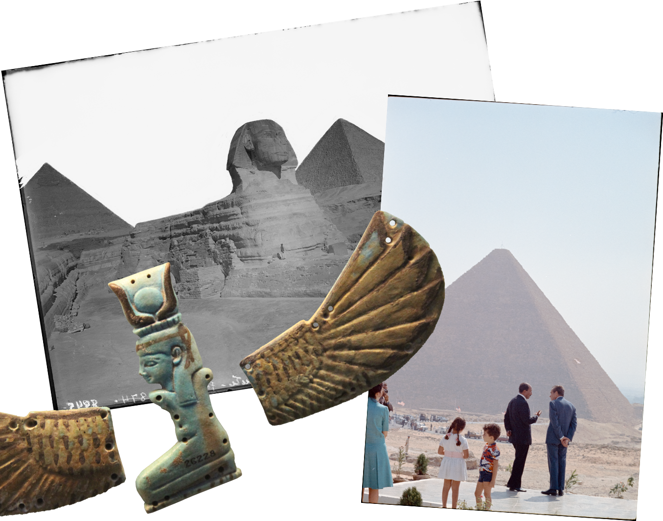 A black and white photo of the Sphinx with the Pyramids in the background
