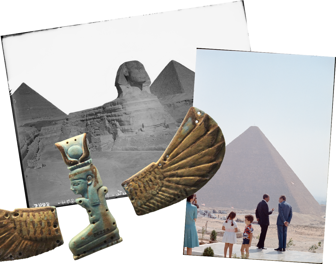 A black and white photo of the Sphinx with the Pyramids in the background